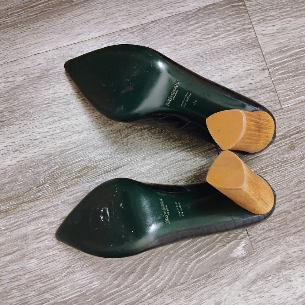 Yves Saint Laurent YSL Crocodile Texture Wood Block Heels Sz 38 - Picture 6 of 7